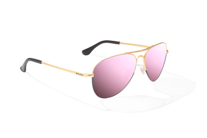 Bajio Soldado Sunglasses - Angled View, Gold/Black Fade Matte Frame with Rose Mirror Lens
