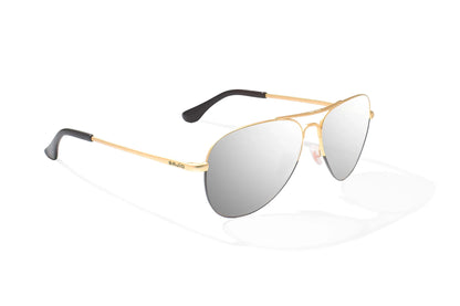Bajio Soldado Sunglasses - Angled View, Gold/Black Fade Matte Frame with Silver Mirror Lens