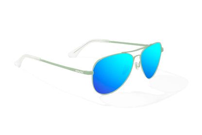 Bajio Soldado Sunglasses - Angled View, Light Green Grass Matte Frame with Blue Mirror Lens