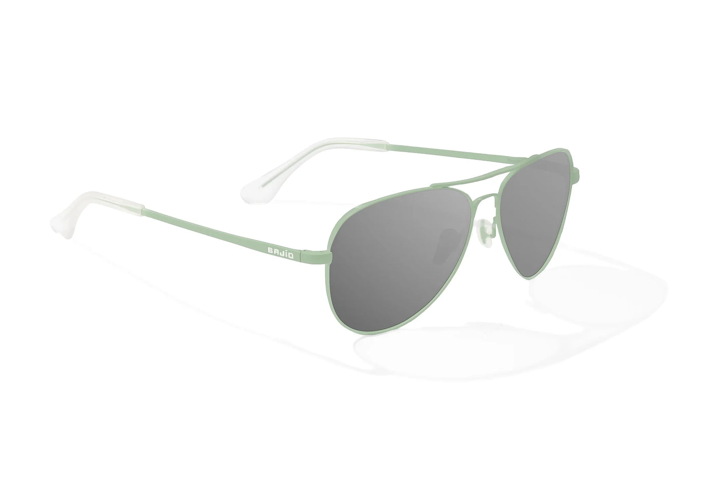 Bajio Soldado Sunglasses - Angled View, Light Green Grass Matte Frame with Gray Lens