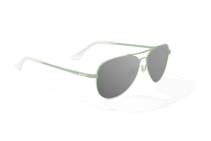 Bajio Soldado Sunglasses - Angled View, Light Green Grass Matte Frame with Gray Lens