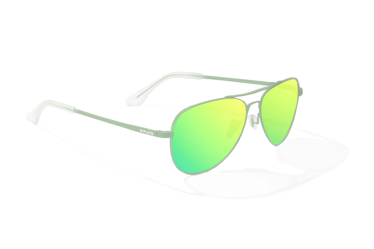 Bajio Soldado Sunglasses - Angled View, Light Green Grass Matte Frame with Green Mirror Lens