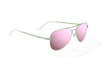 Bajio Soldado Sunglasses - Angled View, Light Green Grass Matte Frame with Rose Mirror Lens