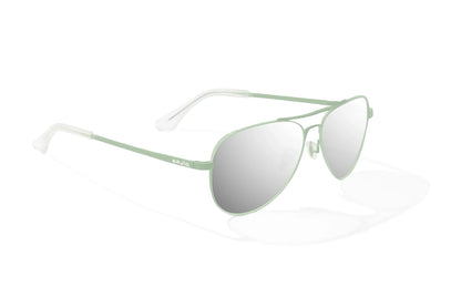 Bajio Soldado Sunglasses - Angled View, Light Green Grass Matte Frame with Silver Mirror Lens