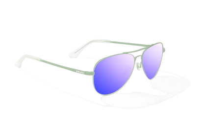 Bajio Soldado Sunglasses - Angled View, Light Green Grass Matte Frame with Violet Mirror Lens