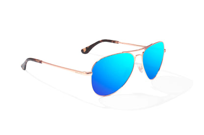 Bajio Soldado Sunglasses - Angled View, Rose Gold Frame with Blue Mirror Lens