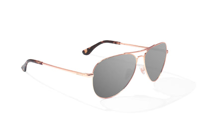 Bajio Soldado Sunglasses - Angled View, Rose Gold Frame with Gray Lens