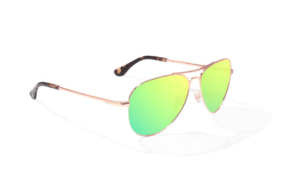 Bajio Soldado Sunglasses - Angled View, Rose Gold Frame with Green Mirror Lens