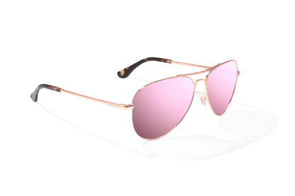 Bajio Soldado Sunglasses - Angled View, Rose Gold Frame with Rose Mirror Lens
