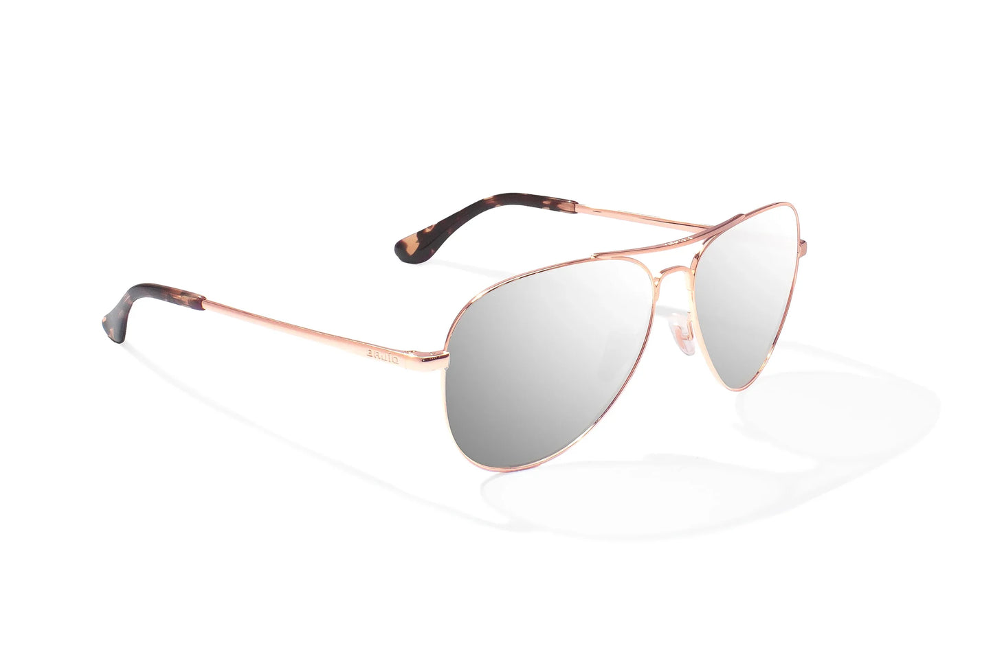 Bajio Soldado Sunglasses - Angled View, Rose Gold Frame with Silver Mirror Lens