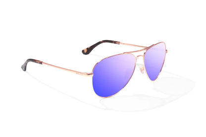 Bajio Soldado Sunglasses - Angled View, Rose Gold Frame with Violet Mirror Lens