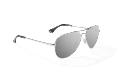 Bajio Soldado Sunglasses - Angled View, Silver Gloss Frame with Gray Lens