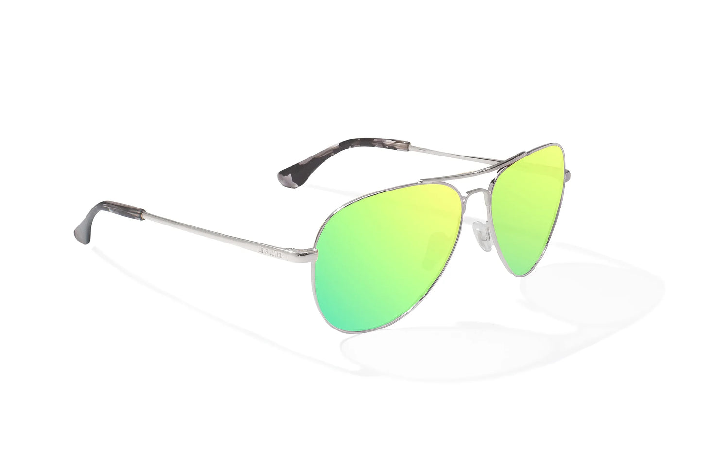 Bajio Soldado Sunglasses - Angled View, Silver Gloss Frame with Green Mirror Lens