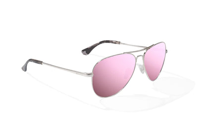 Bajio Soldado Sunglasses - Angled View, Silver Gloss Frame with Rose Mirror Lens
