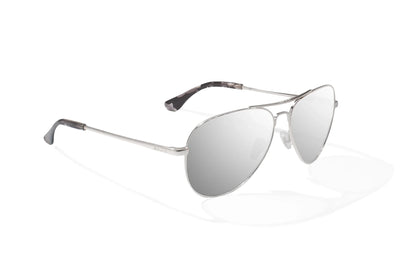 Bajio Soldado Sunglasses - Angled View, Silver Gloss Frame with Silver Mirror Lens