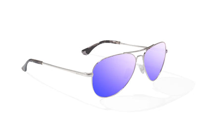Bajio Soldado Sunglasses - Angled View, Silver Gloss Frame with Violet Mirror Lens