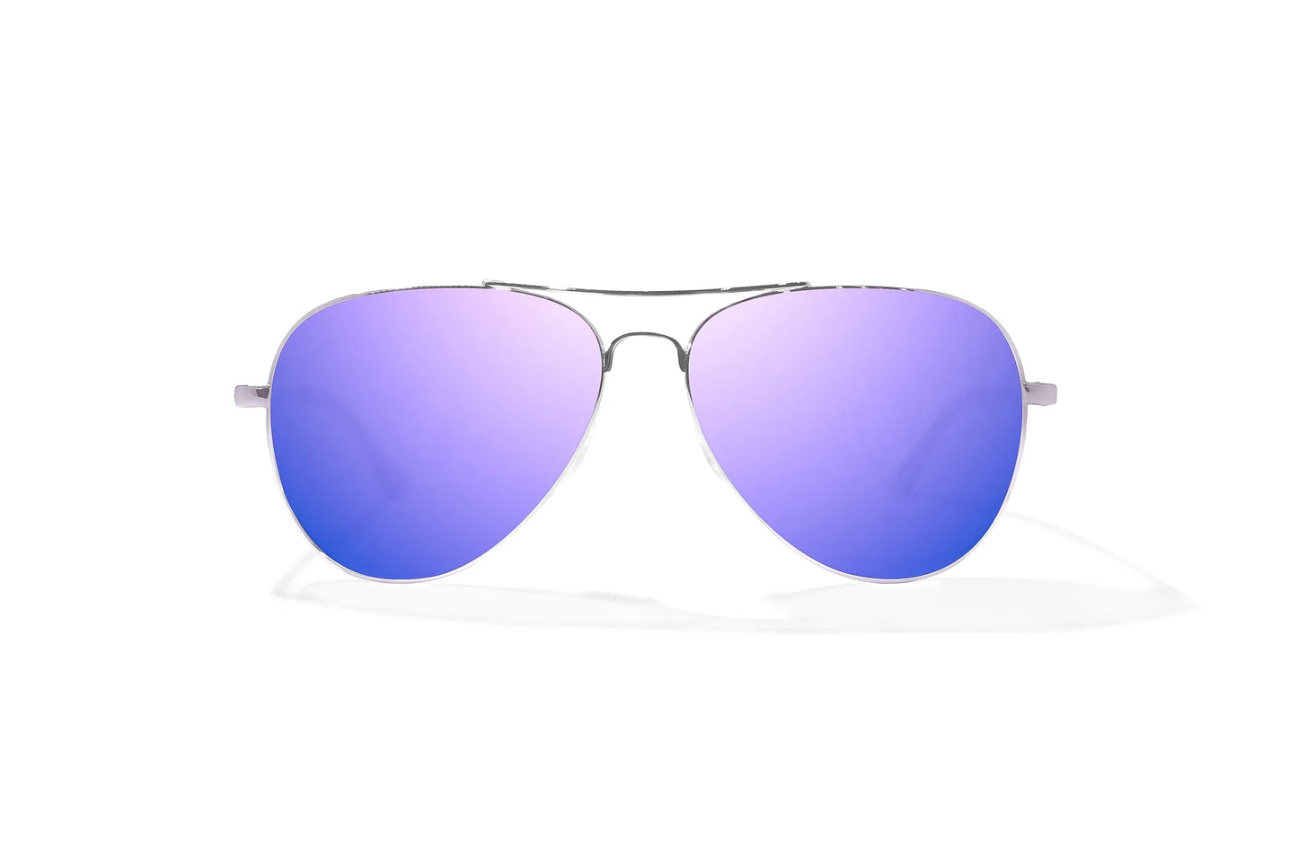 Bajio Soldado Sunglasses - Front View, Silver Gloss Frame with Violet Mirror Lens
