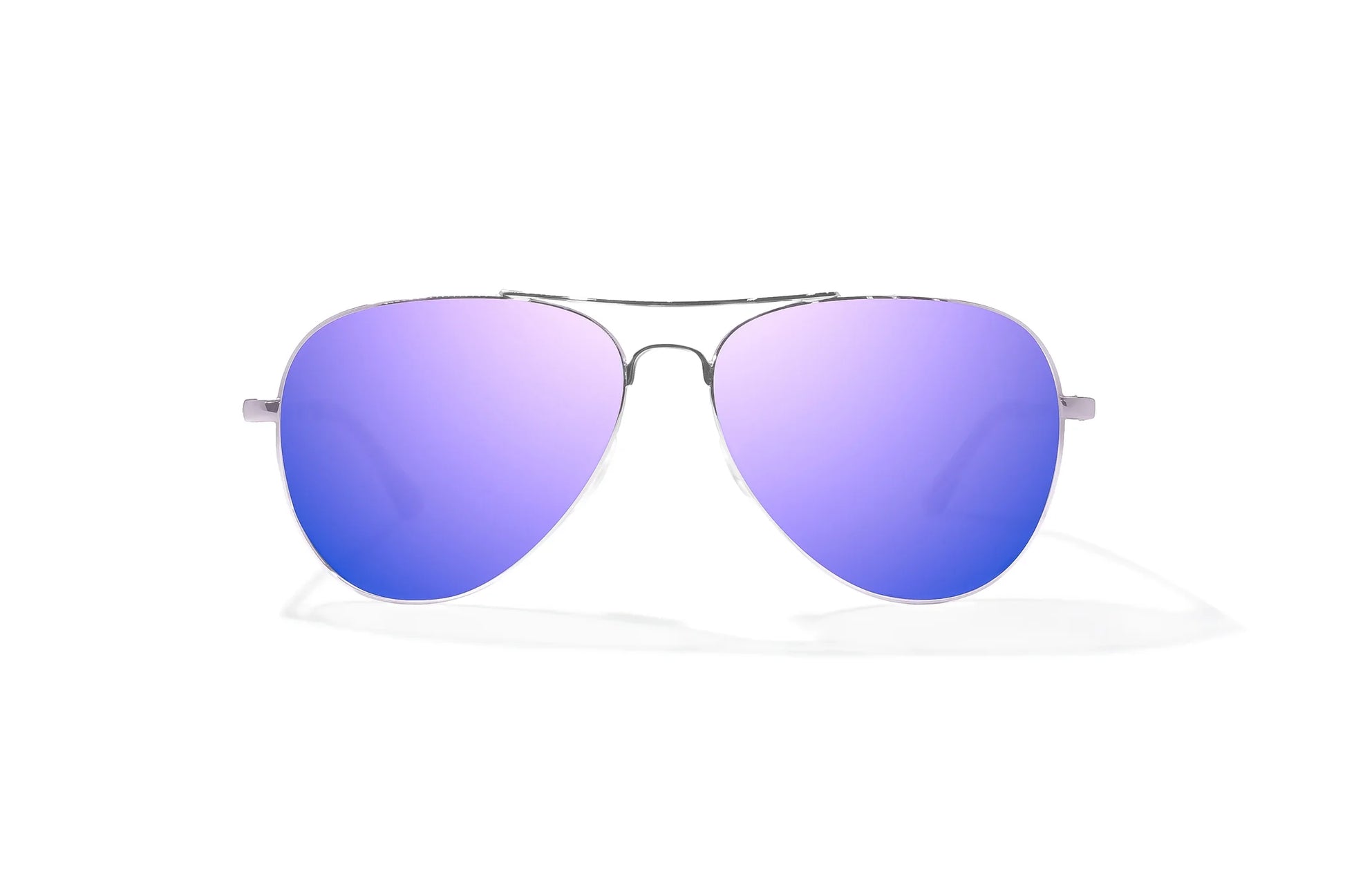 Bajio Soldado Sunglasses - Front View, Silver Gloss Frame with Violet Mirror Lens