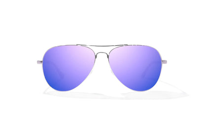 Bajio Soldado Sunglasses - Front View, Silver Gloss Frame with Violet Mirror Lens