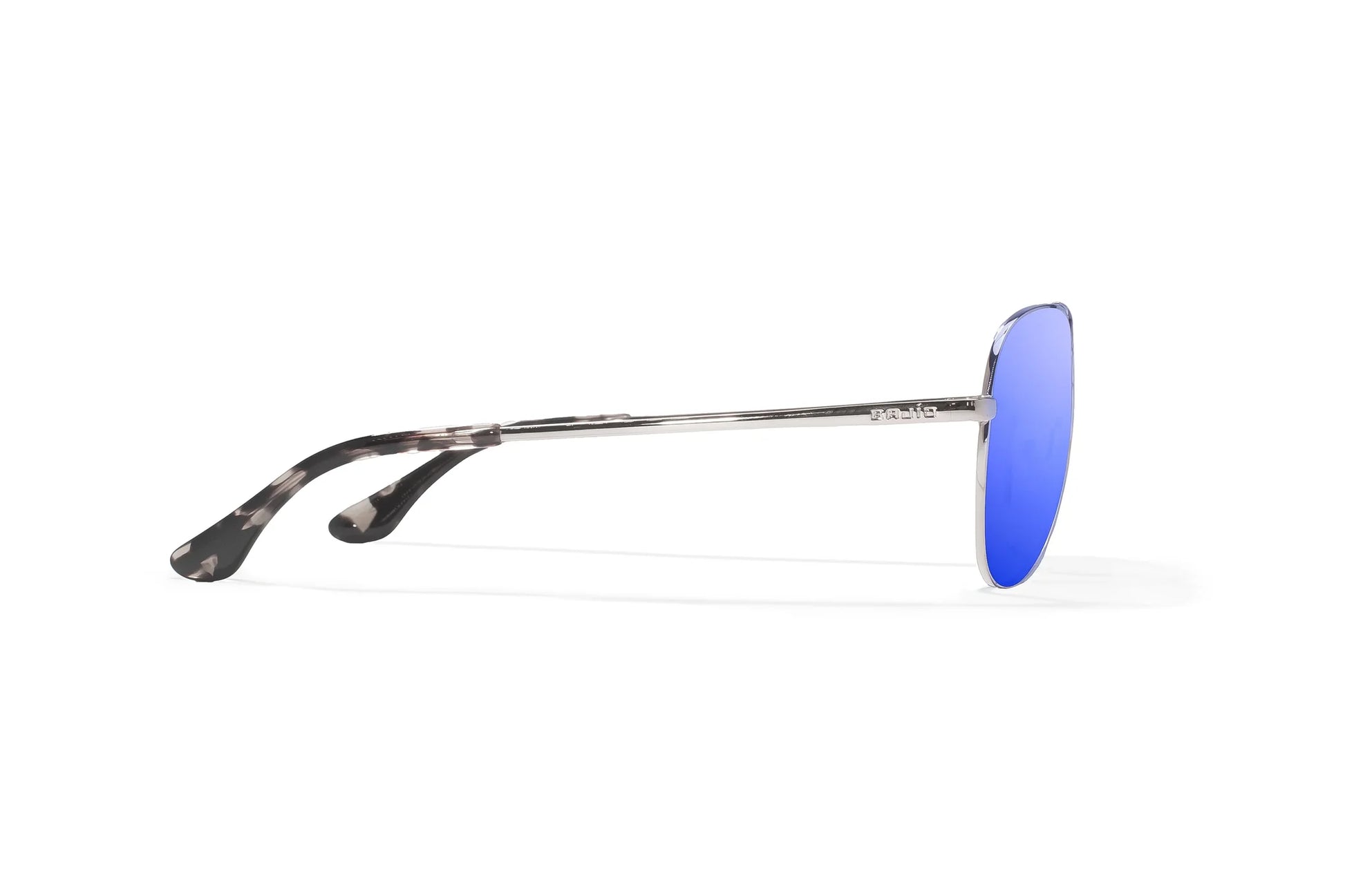 Bajio Soldado Sunglasses - Side View, Silver Gloss Frame with Violet Mirror Lens