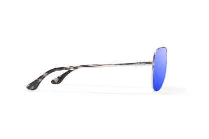 Bajio Soldado Sunglasses - Side View, Silver Gloss Frame with Violet Mirror Lens