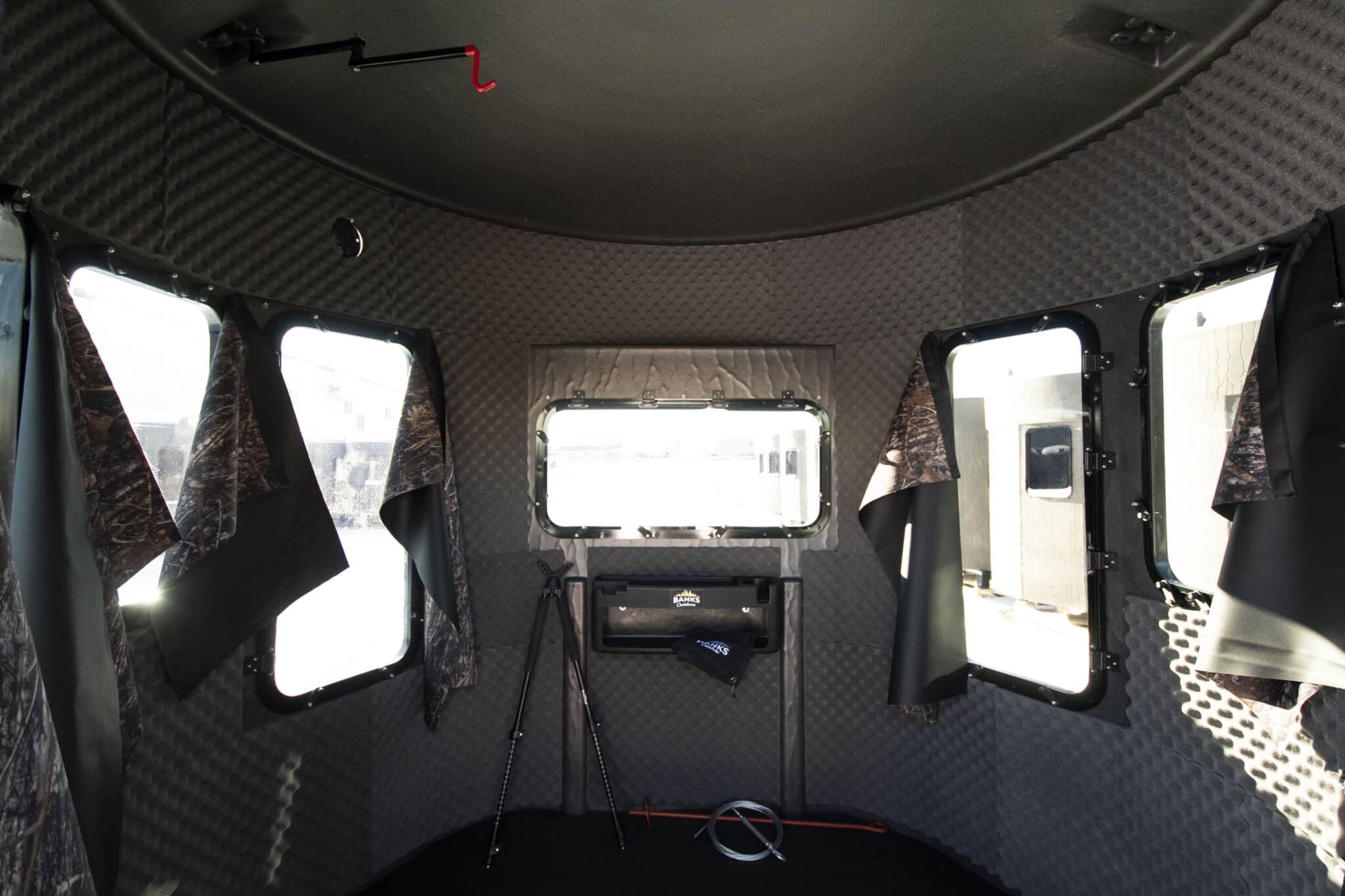 Inside view of the Stump 4 Phantom Hunting Blind with Camo Curtain kit and accessories