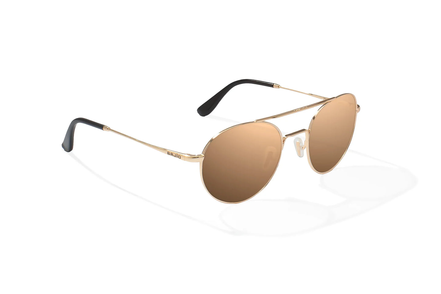 Bajio Tionia Sunglasses - Angled View, Classic Gold Gloss Frame with Copper Lens