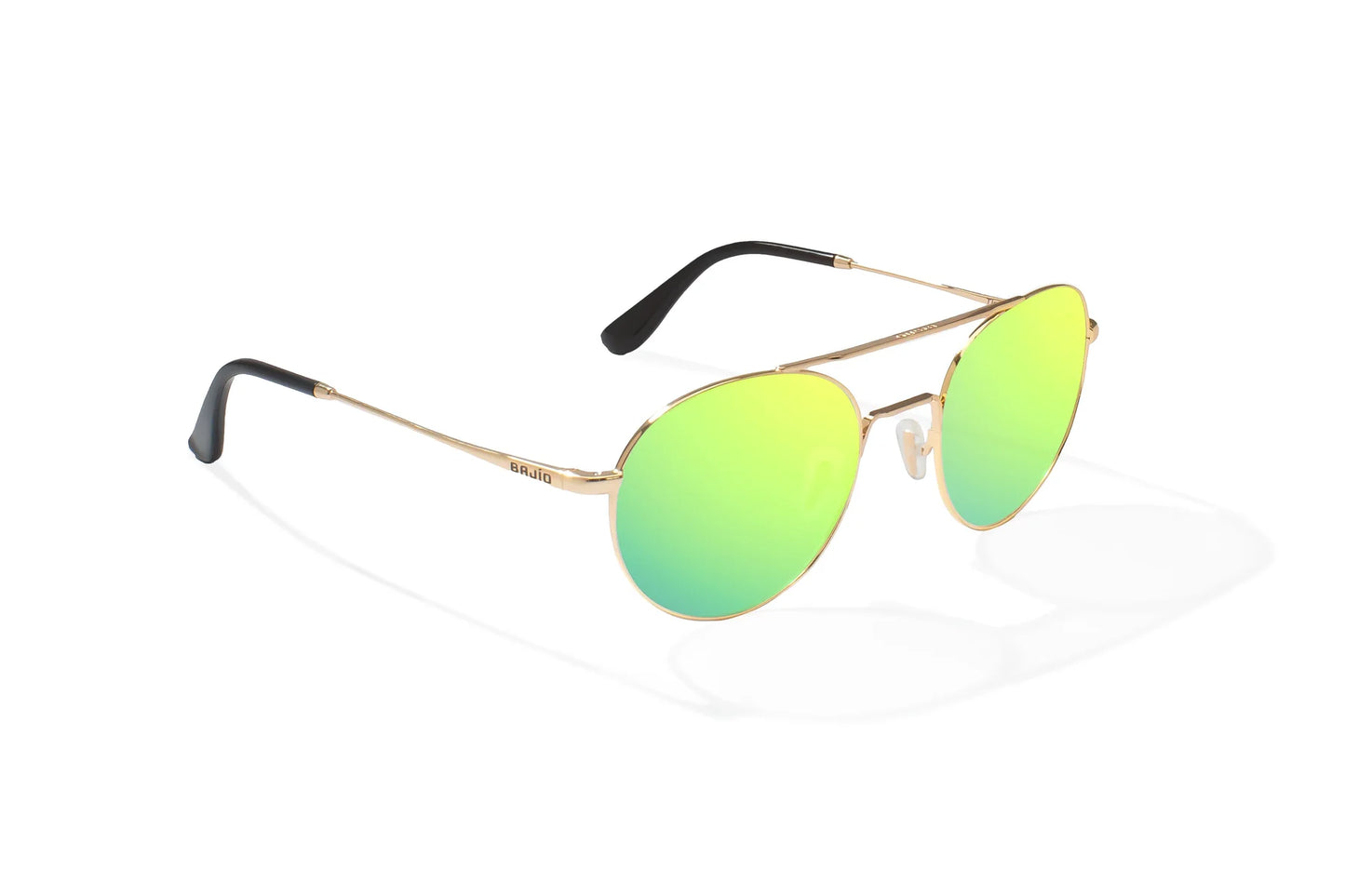 Bajio Tionia Sunglasses - Angled View, Classic Gold Gloss Frame with Green Mirror Lens