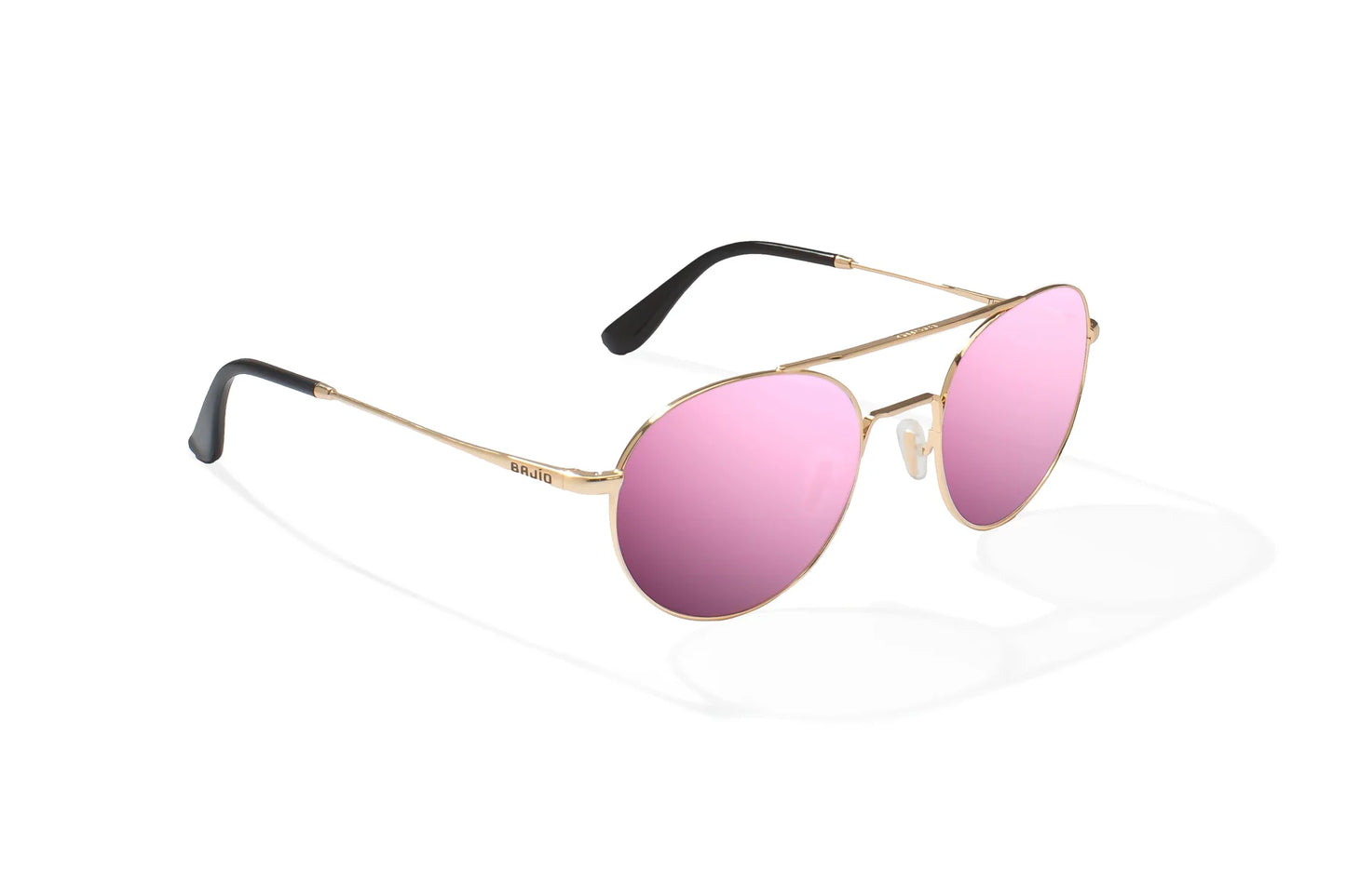 Bajio Tionia Sunglasses - Angled View, Classic Gold Gloss Frame with Rose Mirror Lens