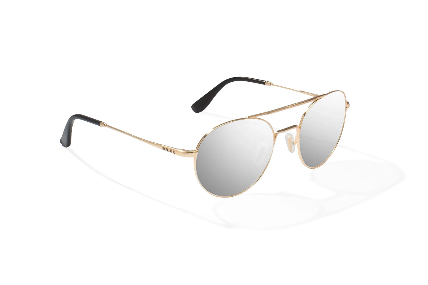 Bajio Tionia Sunglasses - Angled View, Classic Gold Gloss Frame with Silver Mirror Lens