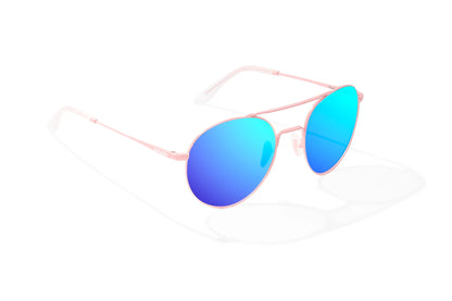 Bajio Tionia Sunglasses - Angled View, Light Pink Glass Matte Frame with Blue Mirror Lens