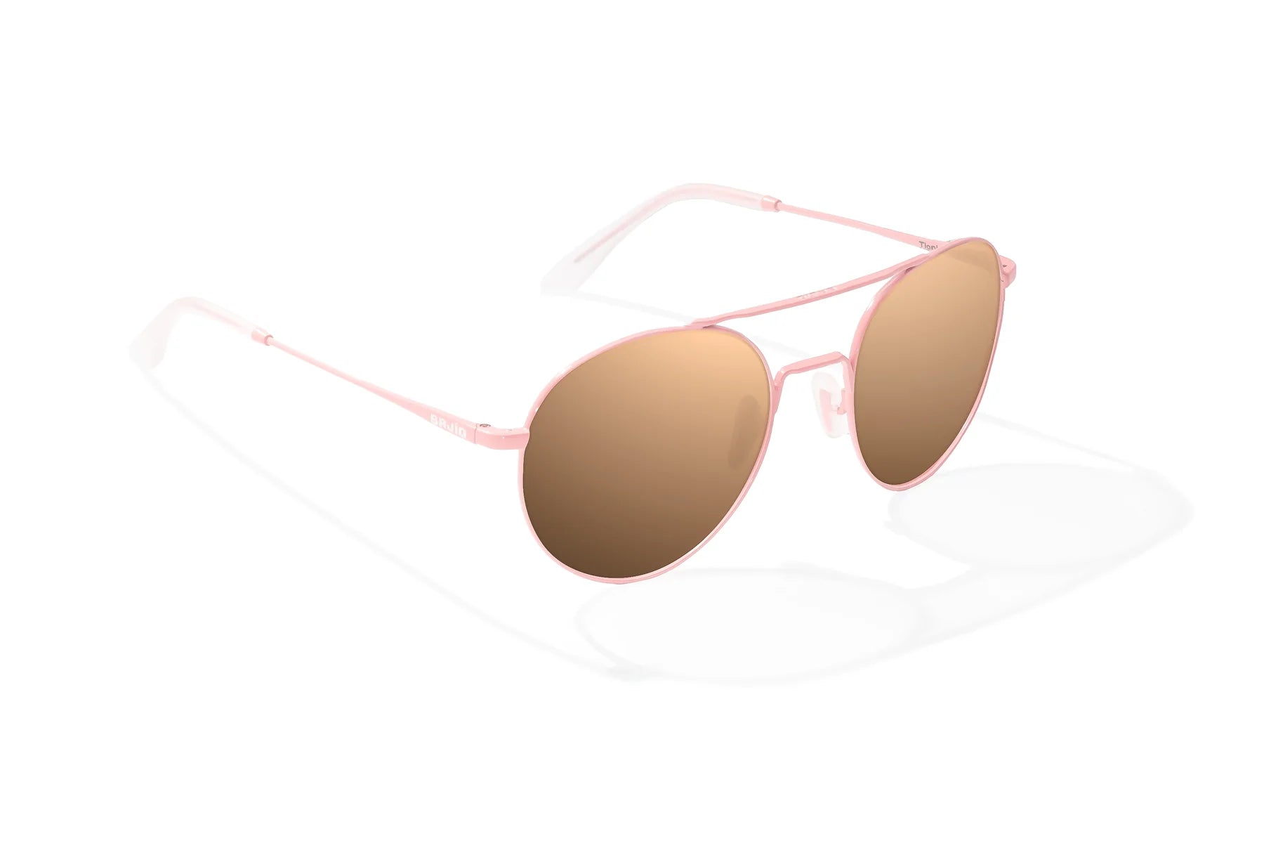 Bajio Tionia Sunglasses - Angled View, Light Pink Glass Matte Frame with Copper Lens