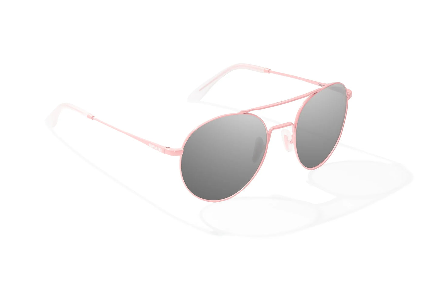 Bajio Tionia Sunglasses - Angled View, Light Pink Glass Matte Frame with Gray Lens