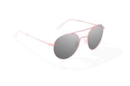 Bajio Tionia Sunglasses - Angled View, Light Pink Glass Matte Frame with Gray Lens