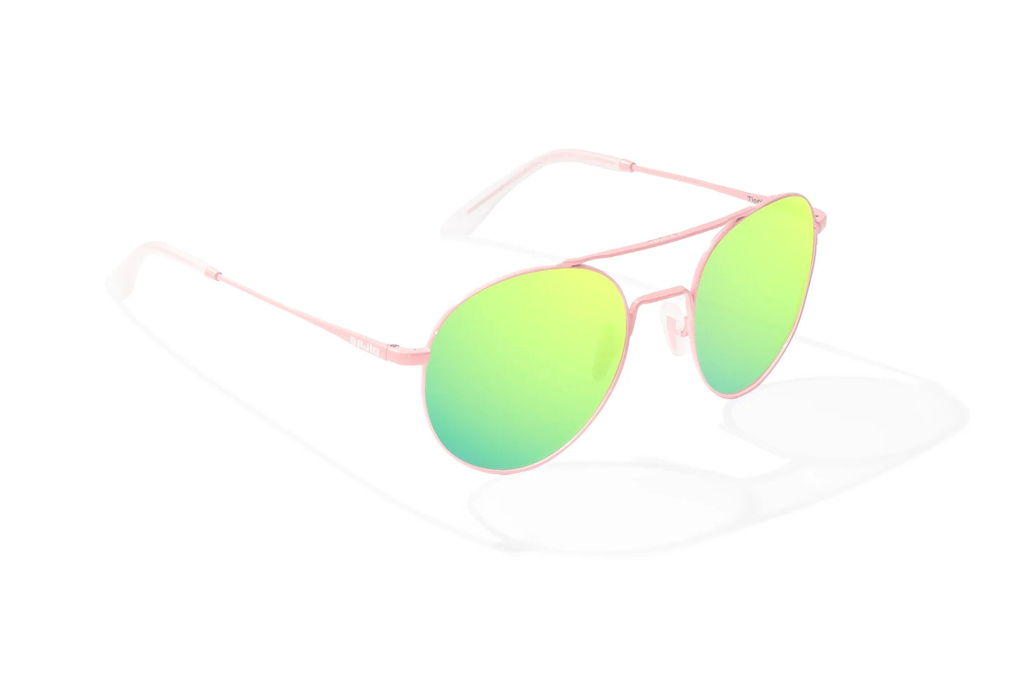 Bajio Tionia Sunglasses - Angled View, Light Pink Glass Matte Frame with Green Mirror Lens