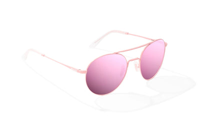 Bajio Tionia Sunglasses - Angled View, Light Pink Glass Matte Frame with Rose Mirror Lens