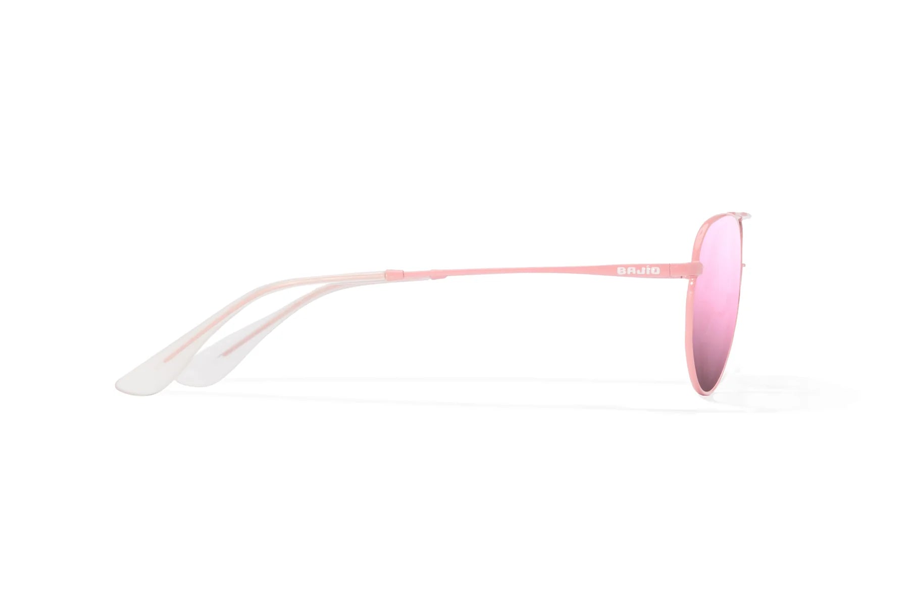 Bajio Tionia Sunglasses - Side View, Light Pink Glass Matte Frame with Rose Mirror Lens