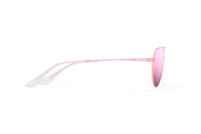 Bajio Tionia Sunglasses - Side View, Light Pink Glass Matte Frame with Rose Mirror Lens