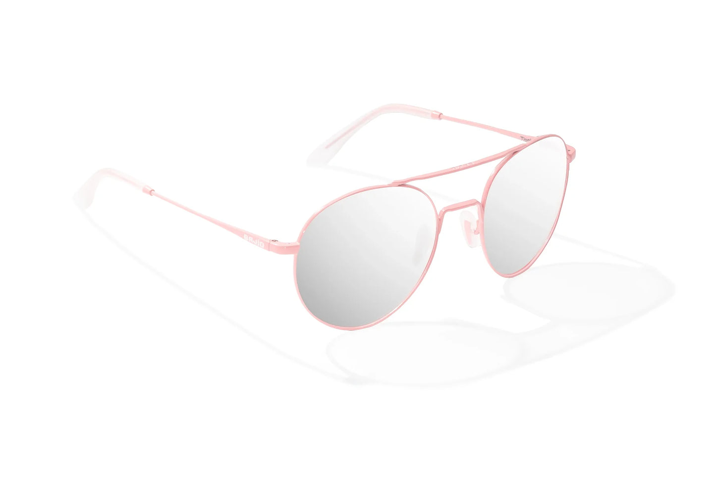 Bajio Tionia Sunglasses - Angled View, Light Pink Glass Matte Frame with Silver Mirror Lens