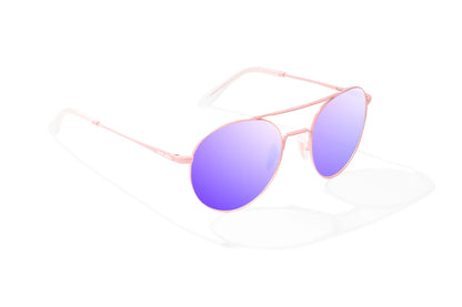 Bajio Tionia Sunglasses - Angled View, Light Pink Glass Matte Frame with Violet Mirror Lens