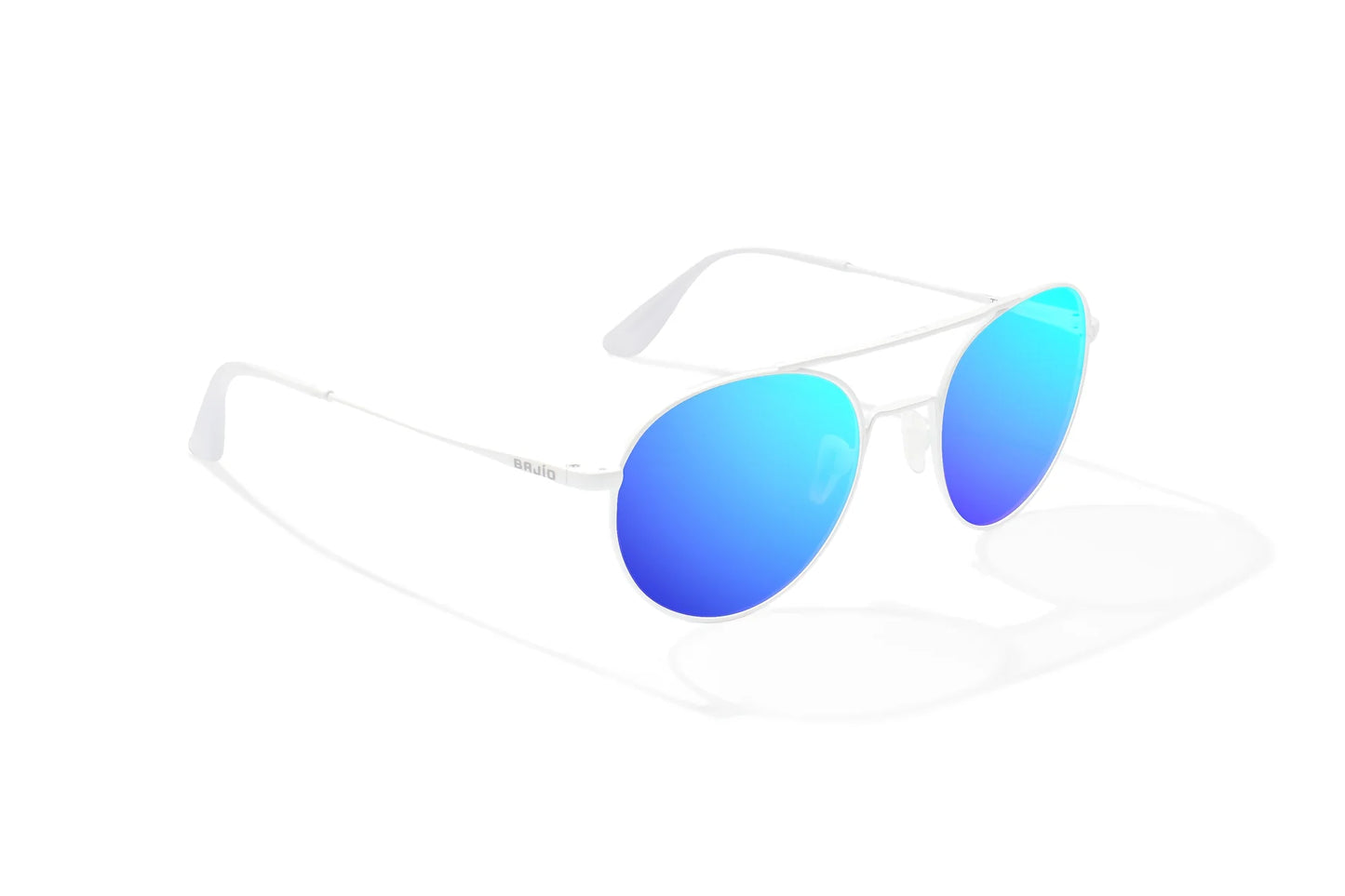 Bajio Tionia Sunglasses - Angled View, White Gloss Frame with Blue Mirror Lens