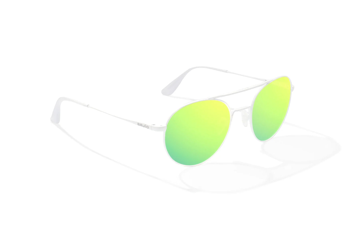 Bajio Tionia Sunglasses - Angled View, White Gloss Frame with Green Mirror Lens