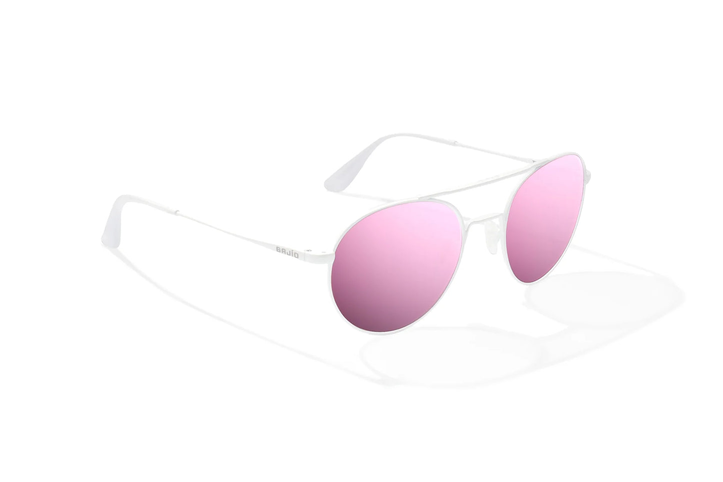Bajio Tionia Sunglasses - Angled View, White Gloss Frame with Rose Mirror Lens