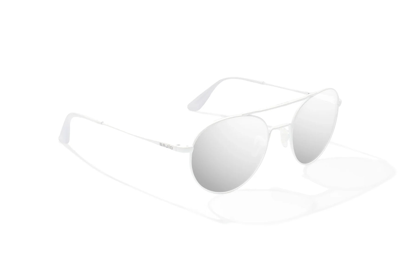 Bajio Tionia Sunglasses - Angled View, White Gloss Frame with Silver Mirror Lens