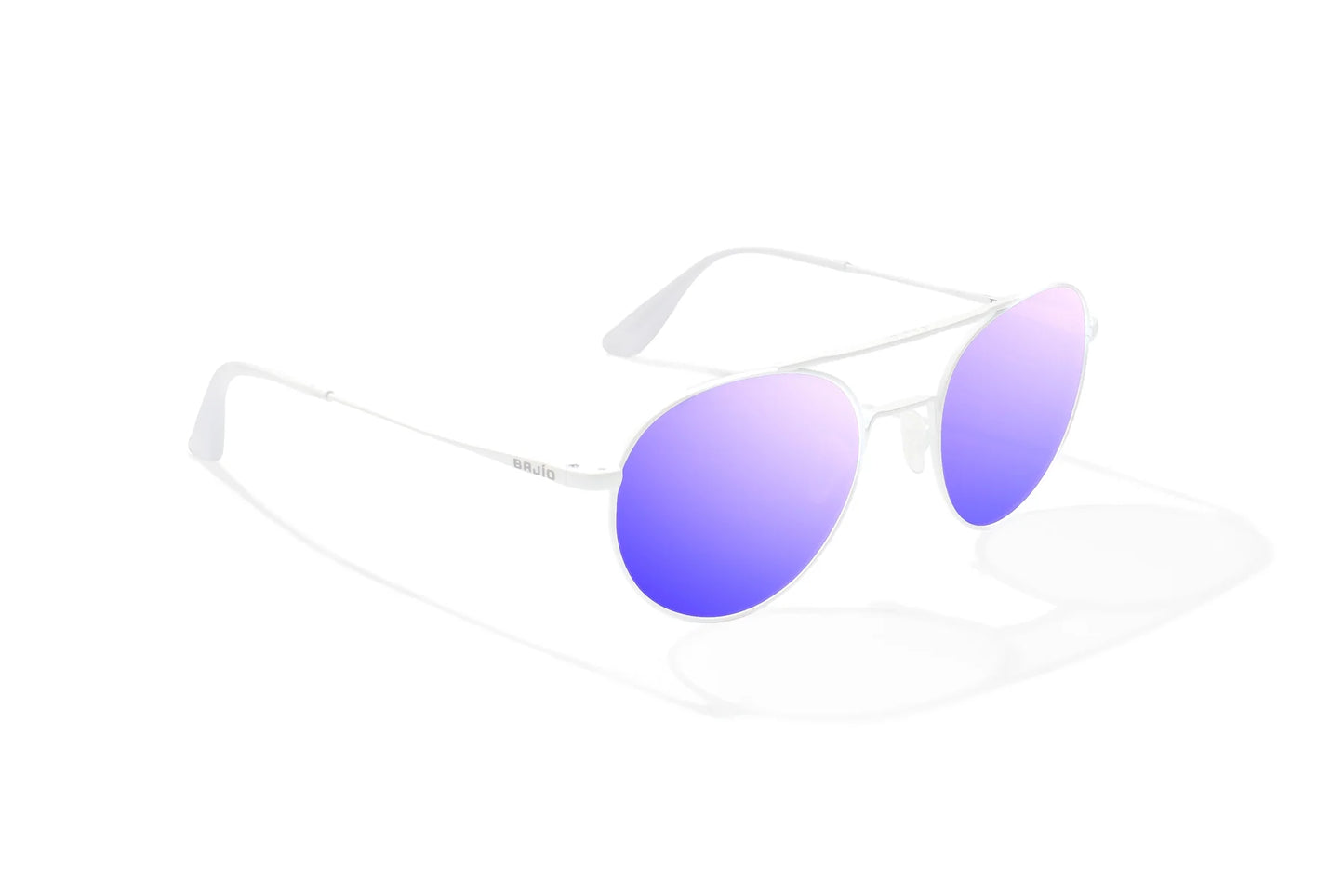 Bajio Tionia Sunglasses - Angled View, White Gloss Frame with Violet Mirror Lens