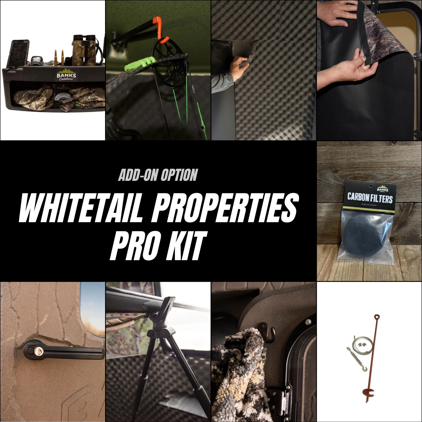 Overview of WP Pro Kit accessories for hunting blinds, featuring a camo curtain kit, wall insulation panel, storage shelf with integrated light, bipod shooting stick, bow hanger, carbon filters, anchor kit, towel, coat hooks, and locking handle.