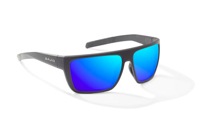 Bajio Zapata Sunglasses - Angled View, Black Matte Frame with Blue Mirror Lens
