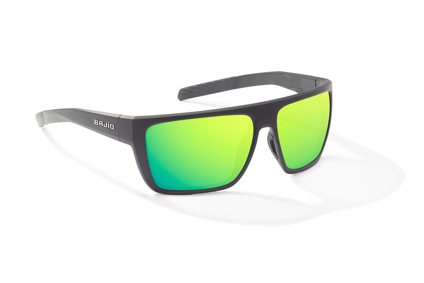 Bajio Zapata Sunglasses - Angled View, Black Matte Frame with Green Mirror Lens