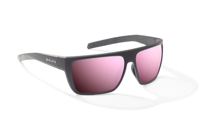 Bajio Zapata Sunglasses - Angled View, Black Matte Frame with Rose Mirror Lens