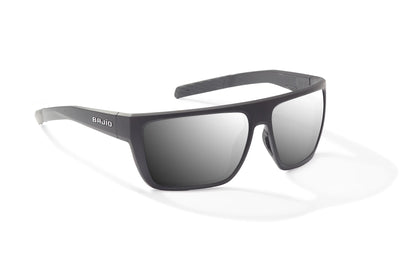 Bajio Zapata Sunglasses - Angled View, Black Matte Frame with Silver Mirror Lens